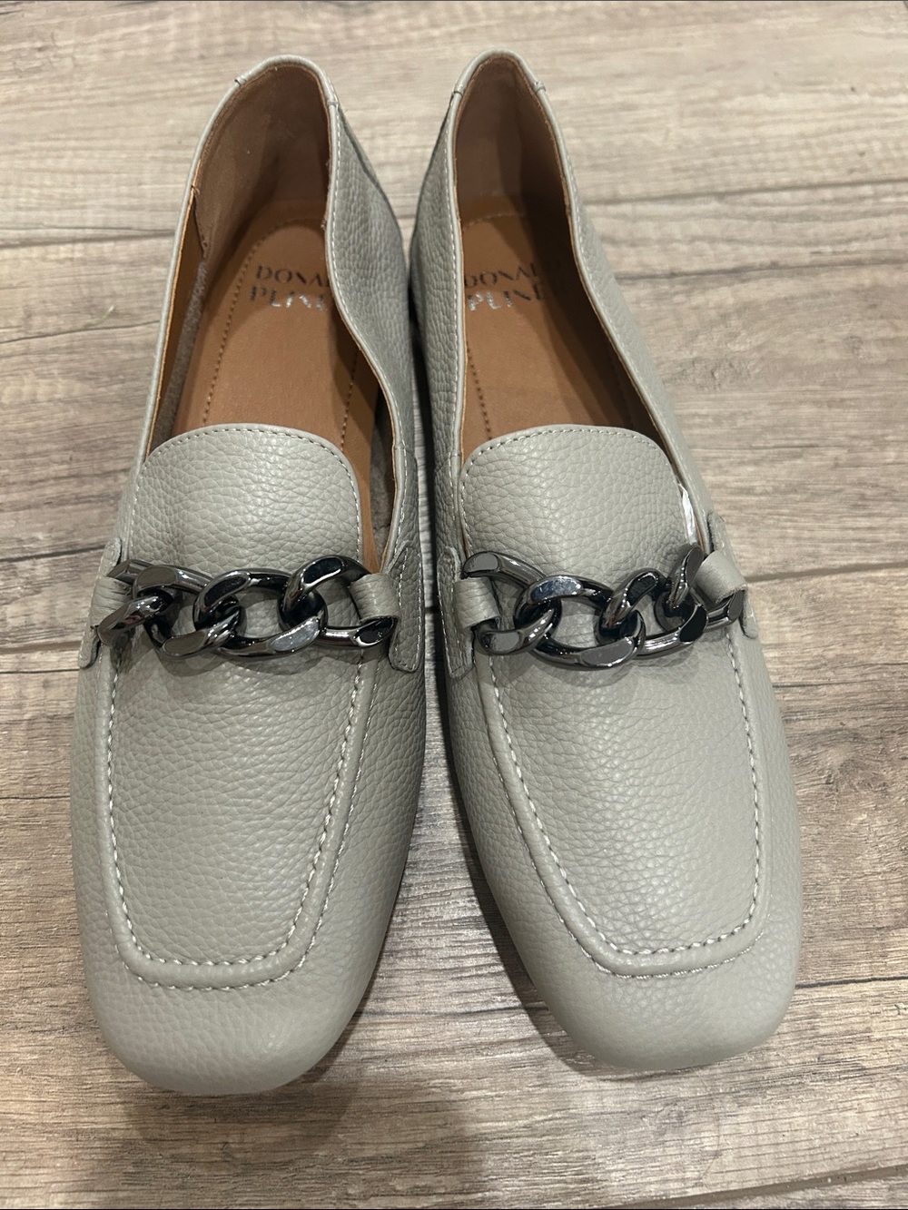 Donald J. Pliner Light Gray Pebbled Leather Chain Loafers
